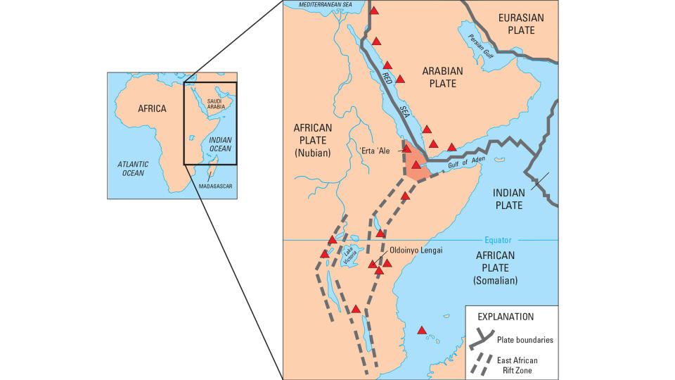 A map showing tectonic plate boundaries (gray) as well as the East African Rift zone (dotted lines).