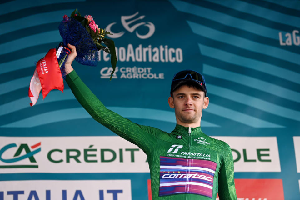 FOLLONICA ITALY  MARCH 07 Stefano Gandin of Italy and Team Corratec celebrates at podium as Green Mountain Jersey winner during the 58th TirrenoAdriatico 2023 Stage 2 a 210km stage from Camaiore to Follonica  TirrenoAdriatico  on March 07 2023 in Follonica Italy Photo by Tim de WaeleGetty Images