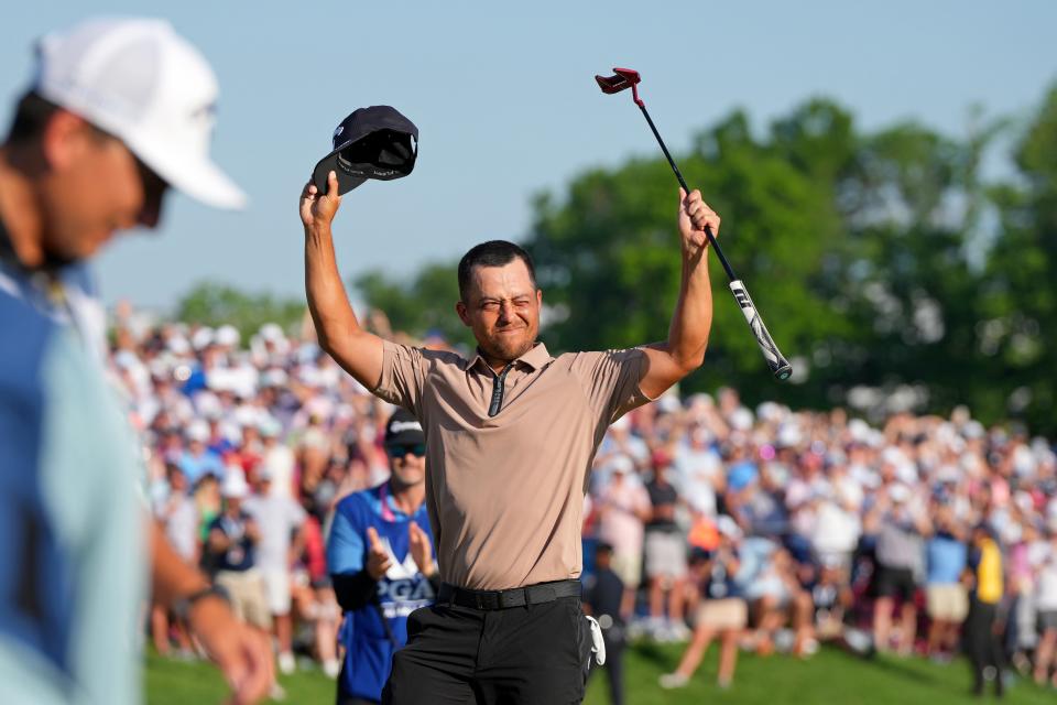 Xander Schauffele celebrates after winning the PGA Championship golf tournament at Valhalla Golf Club.