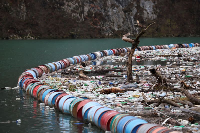 Tonnes of waste float the Drina river in Visegrad