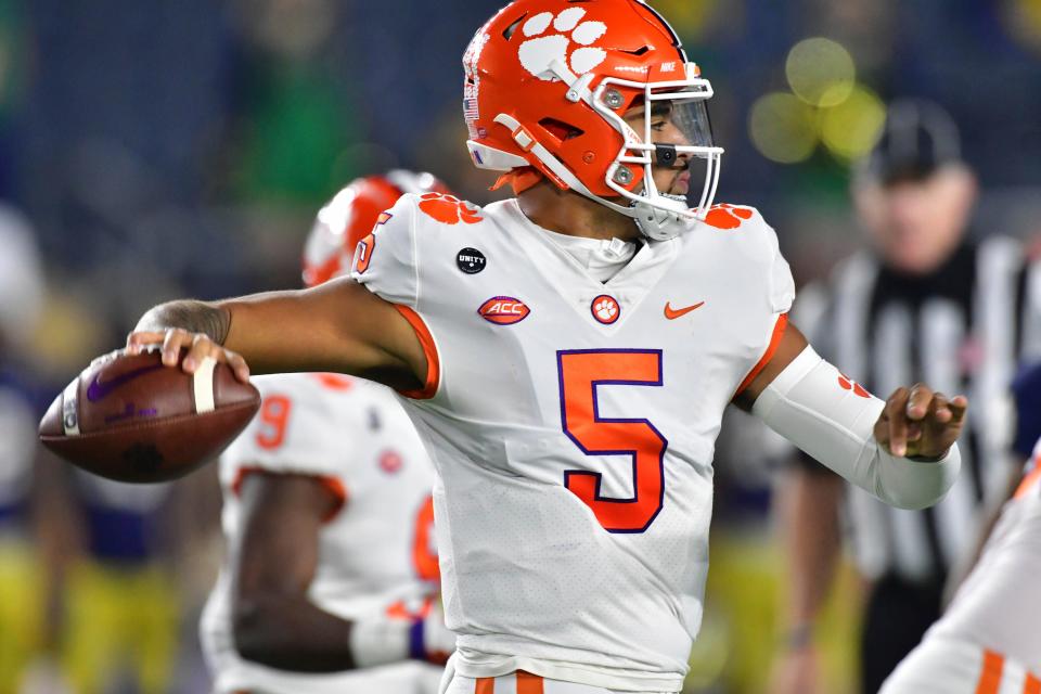 Clemson quarterback D.J. Uiagalelei looks for a receiver against Notre Dame.