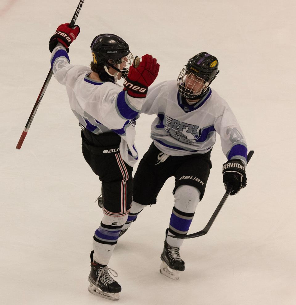 Nik Dumas celebrates his second goal with team mate Michael Walker. Rumson-Fair Haven Ice Hockey vs. Middletown North in Shore Conference Tournament Semifinal in Red Bank, NJ on February 13, 2024.