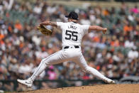 Detroit Tigers pitcher Alex Lange throws against the Houston Astros in the eighth inning of a baseball game, Sunday, May 12, 2024, in Detroit. (AP Photo/Paul Sancya)