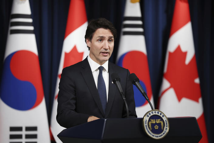 Canada's Prime Minister Justin Trudeau speaks during a joint news conference after a meeting with South Korea's President Yoon Suk Yeol at the Presidential Office in Seoul, South Korea, Wednesday, May 17, 2023. (Kim Hong-Ji/Pool Photo via AP)