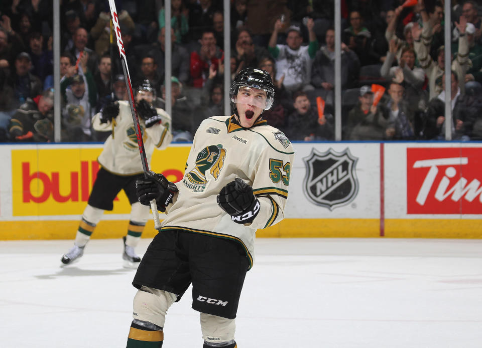 : Bo Horvat #53 of the London Knights celebrates his goal in an OHL game against the Guelph Storm