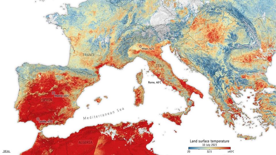 This image uses data from the Copernicus Sentinel-3 mission’s radiometer instrument and shows the land surface temperature across Europe and parts of northern Africa in the morning of 10 July (European Union, Copernicus Sentinel-3 imagery)