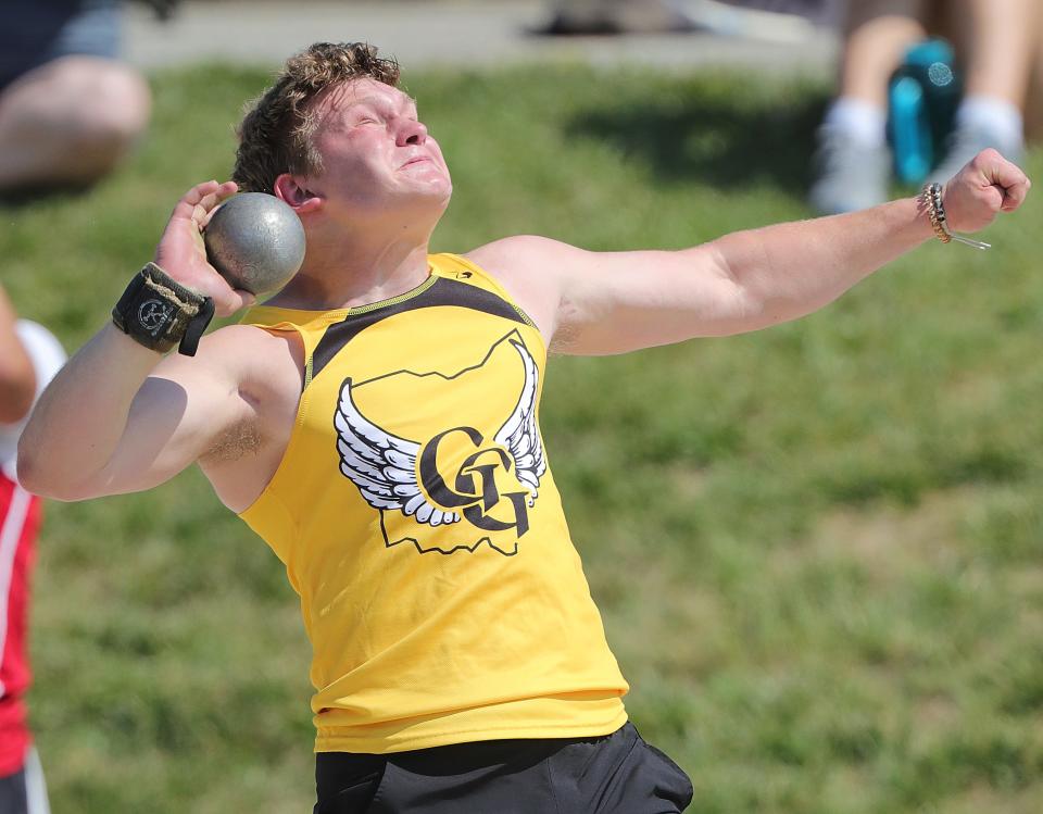 Garfield's Jesse Grace throws the shot put during the OHSAA Division II state track & field championships on Friday, June 2, 2023 in Columbus, Ohio, at Jesse Owens Memorial Stadium. Grace finished third in the event.