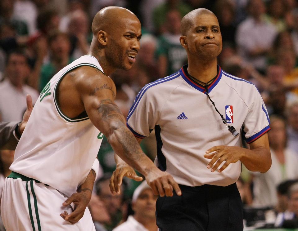 Stephon Marbury #8 of the Boston Celtics tries to discuss a call with referee Sean Corbin in Game Five of the Eastern Conference Quarterfinals against the <a class="link " href="https://sports.yahoo.com/nba/teams/chicago/" data-i13n="sec:content-canvas;subsec:anchor_text;elm:context_link" data-ylk="slk:Chicago Bulls;sec:content-canvas;subsec:anchor_text;elm:context_link;itc:0">Chicago Bulls</a> during the 2009 NBA Playoffs at TD Banknorth Garden on April 28, 2009, in <a class="link " href="https://sports.yahoo.com/nba/teams/boston/" data-i13n="sec:content-canvas;subsec:anchor_text;elm:context_link" data-ylk="slk:Boston;sec:content-canvas;subsec:anchor_text;elm:context_link;itc:0">Boston</a>, Massachusetts. The Celtics defeated the Bulls 106-104 in overtime. (Elsa/Getty Images)