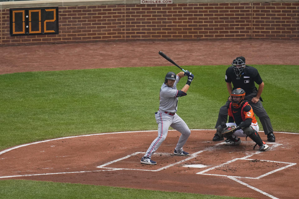 The pitch clock is seen as Minnesota Twins' Alex Kirilloff, stands for an at-bat against Baltimore Orioles during the first inning of a baseball game, Saturday, July 1, 2023, in Baltimore. Orioles catcher Adley Rutschman, bottom right, and home plate umpire Andy Fletcher look on. (AP Photo/Julio Cortez)