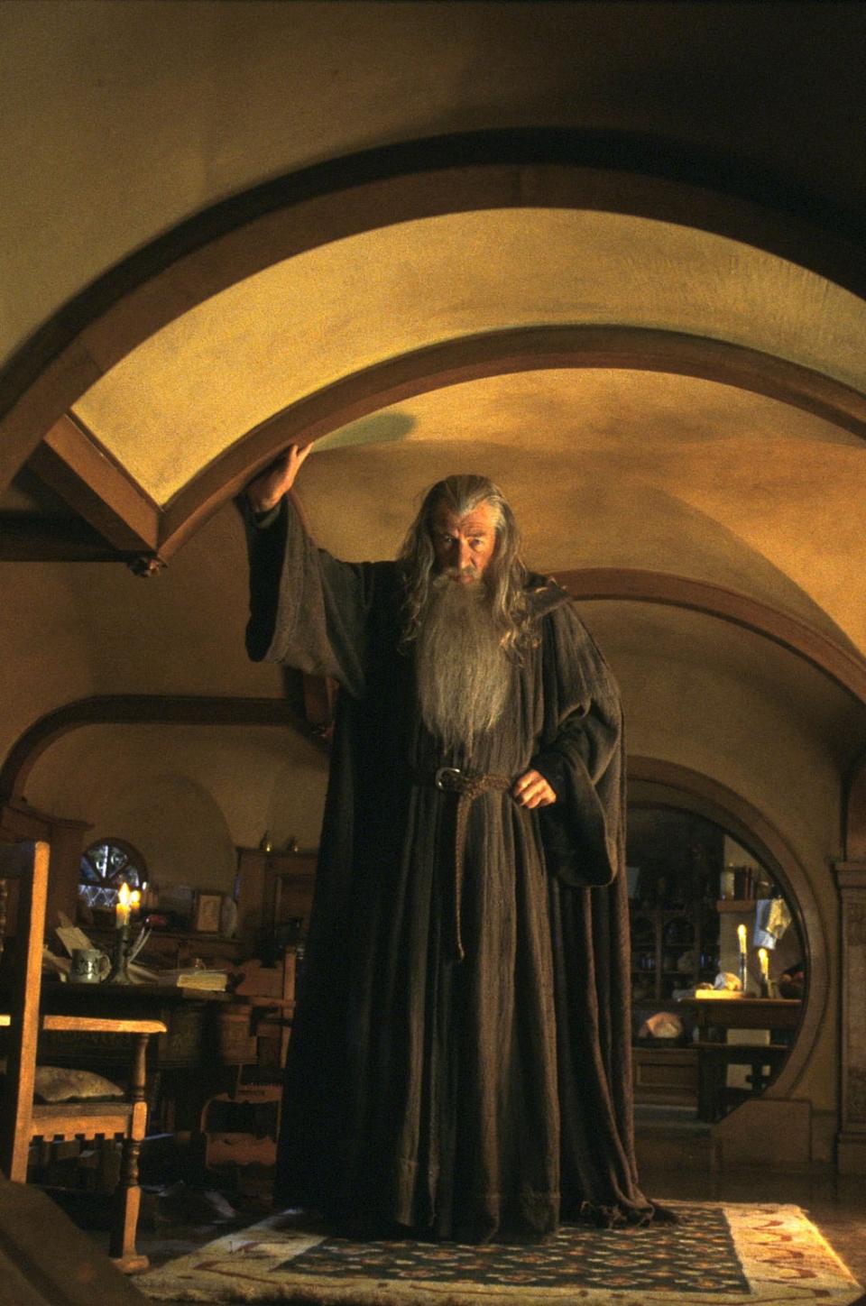 Ian McKellen&#x002019;s Gandalf in a house designed to Hobbit scale (Pierre Vinet/New Line/Saul Zaent)