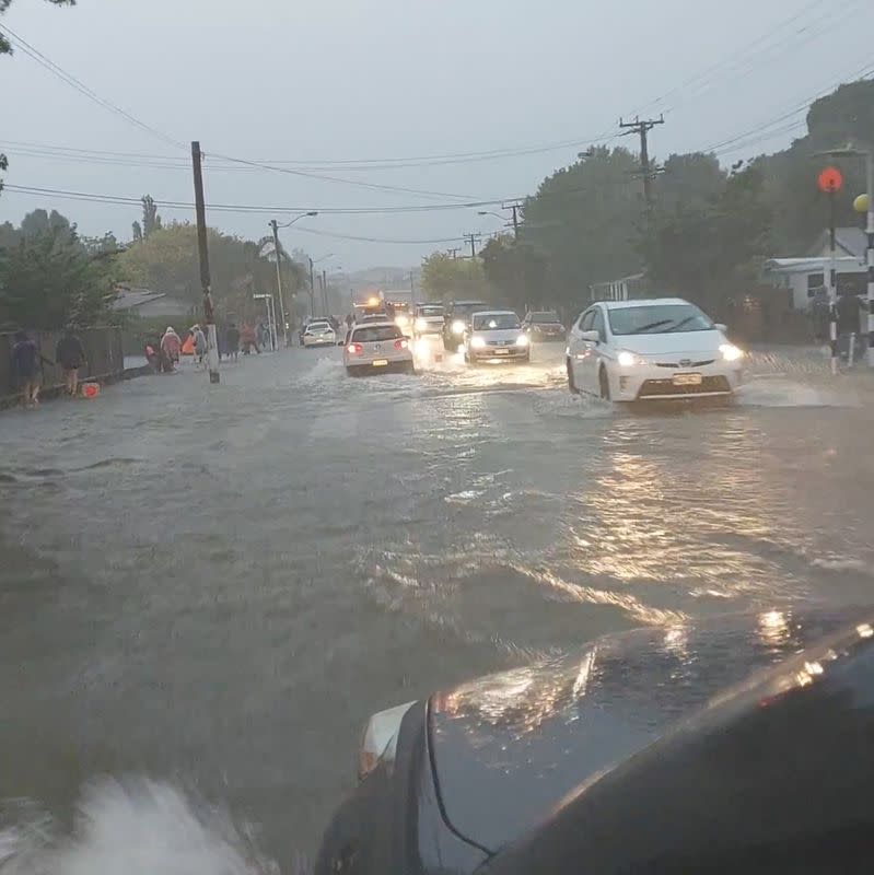 A general view of a flooded street after Elton John’s concert was canceled due to bad weather, in Auckland