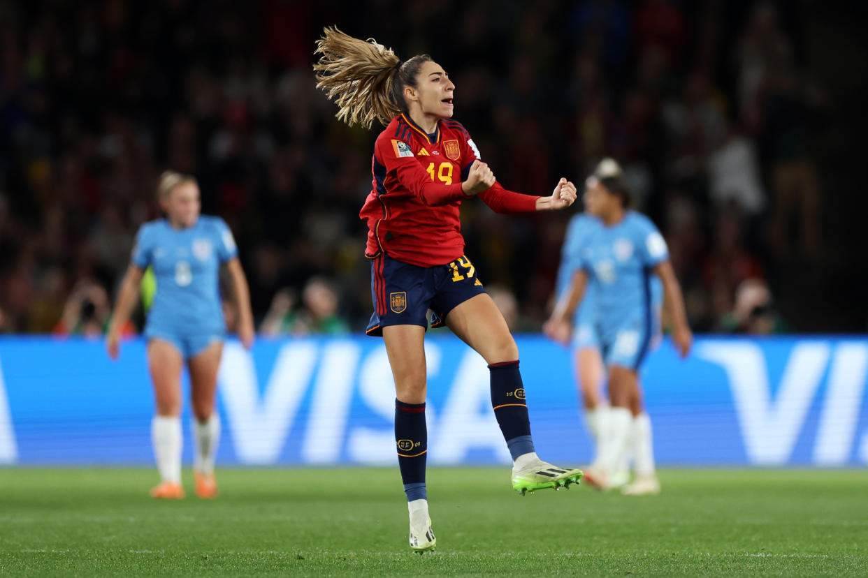 SYDNEY, AUSTRALIA - AUGUST 20: Olga Carmona of Spain celebrates after scoring her team's first goal during the FIFA Women's World Cup Australia & New Zealand 2023 Final match between Spain and England at Stadium Australia on August 20, 2023 in Sydney, Australia. (Photo by Catherine Ivill/Getty Images)