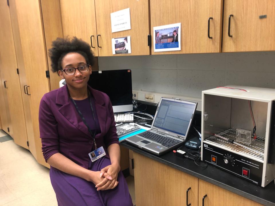 Ja’Shaanna Page researched algae and fuel cells this year in the research class at Adams High School.