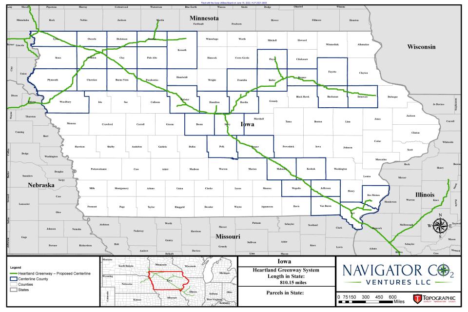 An August 2022 map of the planned Navigator CO2 Ventures carbon-capture pipeline, showing its proposed route across Iowa.