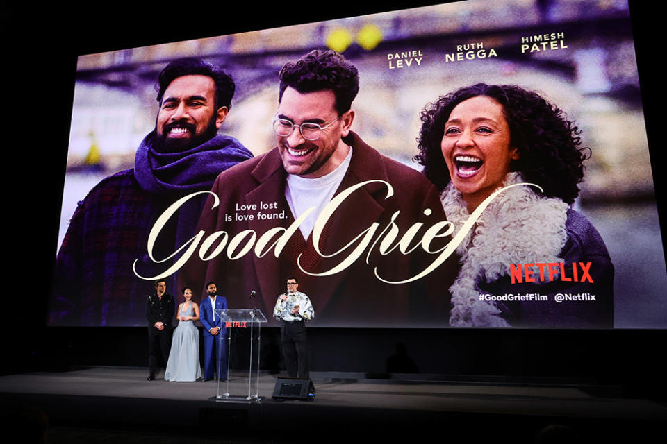 Arnaud Valois, Ruth Negga, Himesh Patel, and Dan Levy speak onstage during the premiere screening of "Good Grief" at The Egyptian Theatre Hollywood on December 19, 2023 in Los Angeles, California.