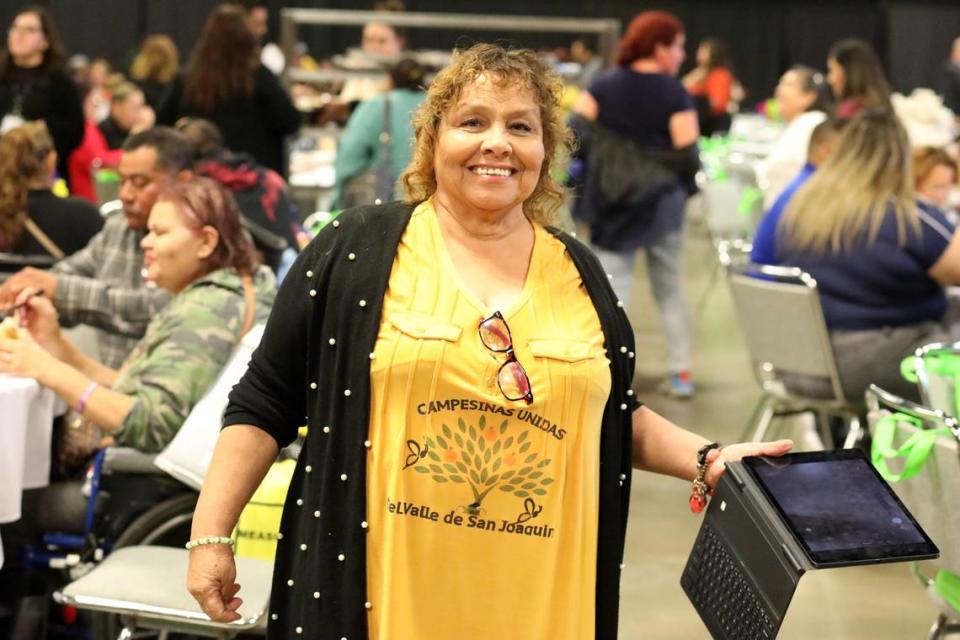 Sandra Garcia, president of the organization Campesinas Unidas del Valle de San Joaquín, at the Agricultural Women Workers Conference held on Thursday, November 16th, at the Visalia Convention Center. Garcia not only shared her own experience but also instances of harassment by foremen or supervisors that she has observed in the 40 years she has worked in the fields in each of the crews she had to join.