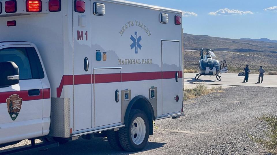 PHOTO: The National Park Service ambulance and Mercy Air’s air ambulance at the landing zone at 3,000 feet just east of Death Valley National Park’s CA-190 east entrance. (National Park Service)