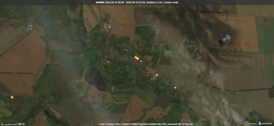 PHOTO: A satellite image taken on Sept. 10, 2024, shows areas of current or recent burning in Snagost in Russia's Kursk Oblast. (Copernicus Sentinel / Pierre Markuse)