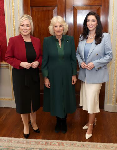<p>Chris Jackson - Pool/Getty </p> Michelle O'Neill, Queen Camilla, Emma Little-Pengelly at the World Poetry Day event.