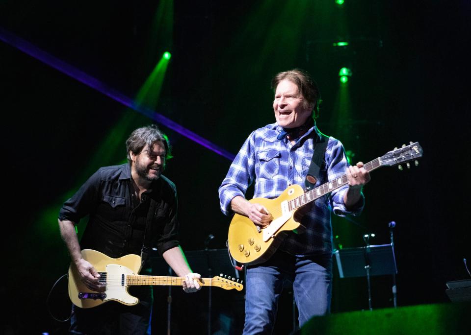 John Fogerty and Tom Bukovac lean in; Creedence sounds more like American culture than Classic Rock (Photo by Sean Reiter)