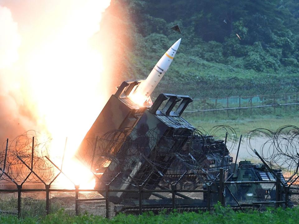 US Army Tactical Missile System (ATACMS) firing a missile into the East Sea during a South Korea-U.S. joint missile drill.