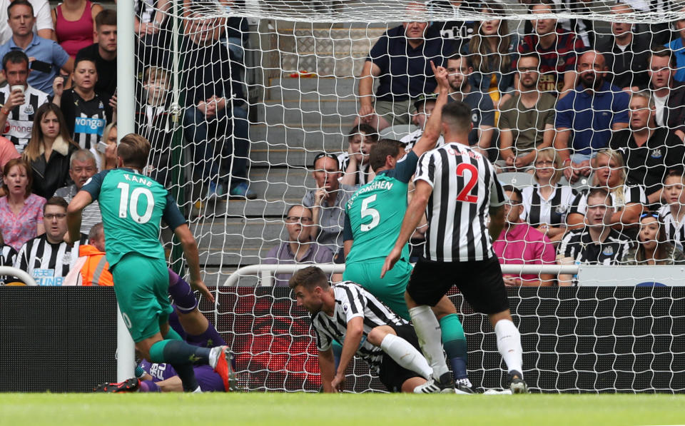 Jan Vertonghen slides in to celebrate after his early header was adjudged to have crossed the line