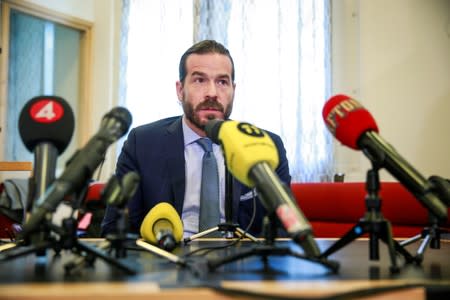 ASAP Rocky's defence lawyer Slobodan Jovicic holds a news conference at the district court after the second day of ASAP Rocky's trial in Stockholm