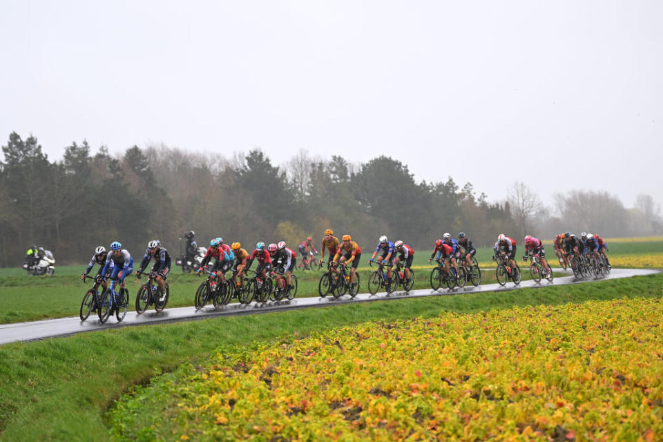 DE PANNE BELGIUM  MARCH 22 A general view of the breakaway competing during the 47th Minerva Classic Brugge  De Panne 2023 a 211km one day race from Brugge to De Panne on March 22 2023 in De Panne Belgium Photo by Luc ClaessenGetty Images