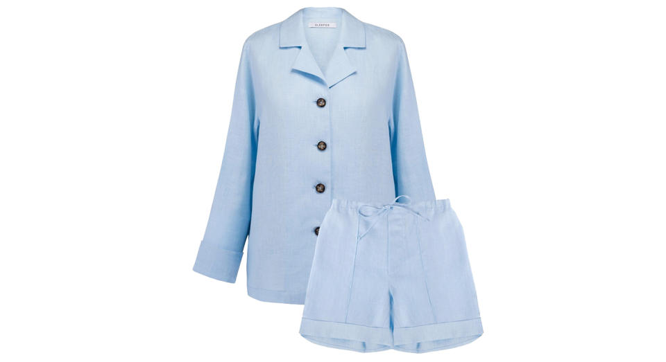 Azure Blue Linen Pajama Set with Shorts