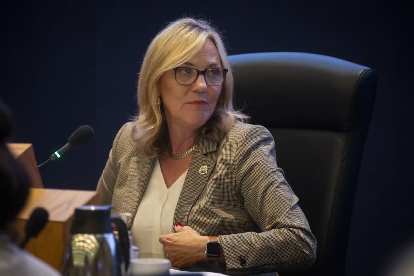 LOS ANGELES, CALIF. - FEBRUARY 18: Kathryn Ann Barger is a member of the Los Angeles County Board of Supervisors. She is speaking during the Los Angeles County Board of Supervisors meeting in the Kenneth Hahn Hall of Administration in Los Angeles, Calif. on Tuesday, Feb. 18, 2020. The Los Angeles Homeless Services Authority today announced a method to address homelessness and supportive housing availability that is similar to natural disaster responses. (Francine Orr / Los Angeles Times)