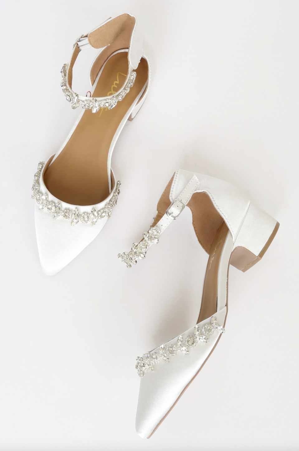 Swayy White Satin Rhinestone Ankle Strap Heels