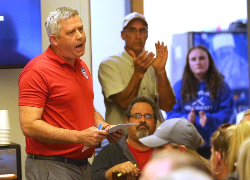 RSU 21 School District athletic coach and school administrator Nathan Bean speaks out during the public comment session at Monday's School Board meeting.