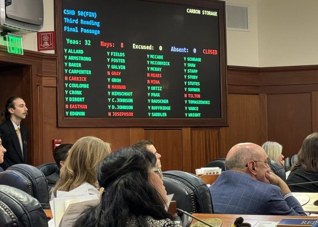 Members of the Alaska House of Representatives watch as votes are tallied on House Bill 50, the carbon storage legislation, on Wednesday, April 17, 2024. (Photo by James Brooks/Alaska Beacon)