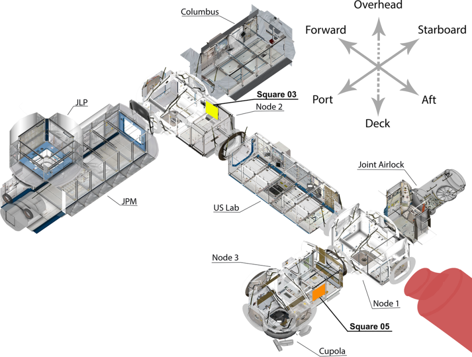 Una imagen recortada de una sección orbital estadounidense de la Estación Espacial Internacional que muestra los sitios de estudio del Bloque 3 y el Bloque 5 (NASA)