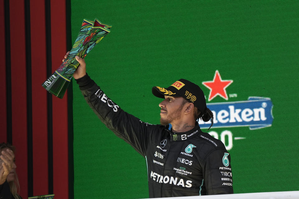 SAO PAULO, BRAZIL - NOVEMBER 13: Driver Lewis Hamilton of Mercedes, celebrates the second place of the Grand Prix Sao Paulo of Formula 1 2022 at Interlagos autodrome in Sao Paulo, Brazil, on November 13, 2022. (Photo by Stringer/Anadolu Agency via Getty Images)