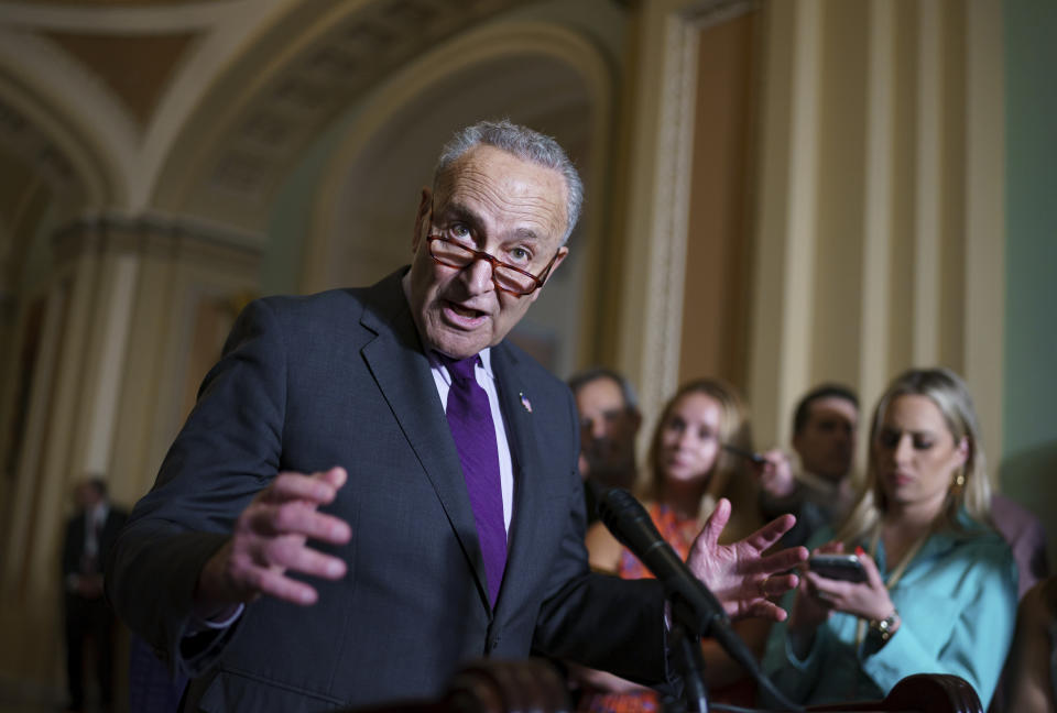 Senate Majority Leader Chuck Schumer, D-N.Y., and the Democratic leadership speak to reporters about progress on an infrastructure bill and voting rights legislation, at the Capitol in Washington, Tuesday, June 15, 2021. (AP Photo/J. Scott Applewhite)