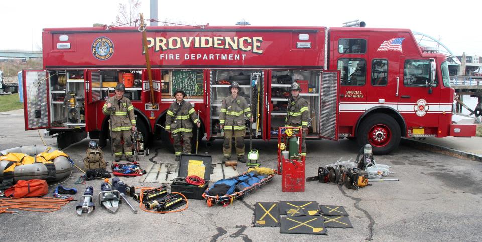 The new Special Hazards 1 truck with its crew, from left, Billy Mahoney, Dan Rinaldi, Ryan Sullivan and Capt. Chris Lannan, with some of the gear carried in the truck.