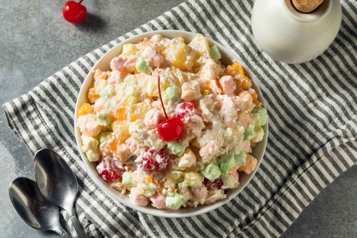 Sweet Colorful Marshmallow Ambrosia Salad with Whipped Cream and Cherries
