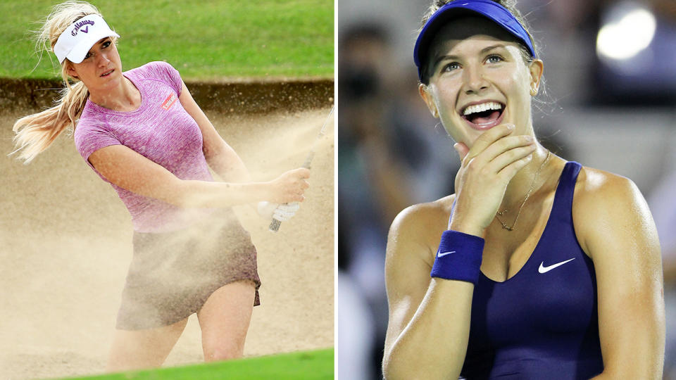 Paige Spiranac and Eugenie Bouchard, pictured here in action in golf and tennis.