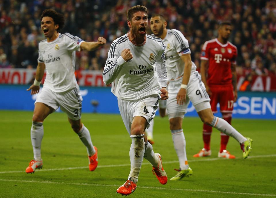 Real Madrid's Ramos celebrates after scoring second goal against Bayern Munich in Champion's League semi-final second leg soccer match in Munich