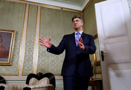 Croatia's new Prime Minister Andrej Plenkovic reacts in the government building in Zagreb, Croatia, October 19, 2016. REUTERS/Antonio Bronic