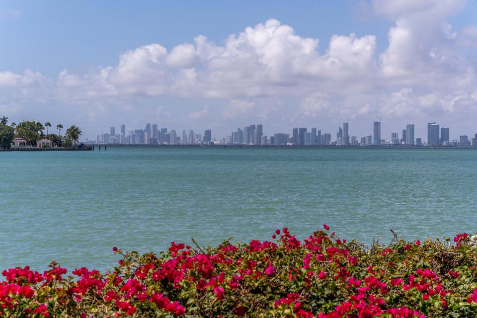 skyline views from the most expensive home currently for sale in Florida, 18 La Gorce Circle in Miami Beach