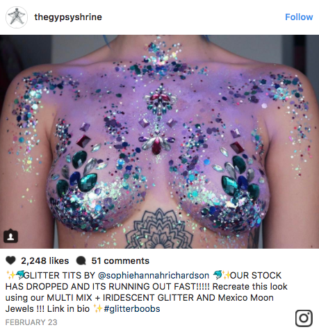 Going topless and covered in glitter and rhinestones is the newest beauty look happening at Coachella this year.
