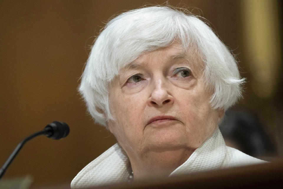 Department of the Treasury Secretary Janet Yellen listens to lawmakers as she testifies during a Senate Finance Committee hearing to examine President Joe Biden's proposed budget request for fiscal year 2023, on Capitol Hill, Tuesday, June 7, 2022, in Washington. (AP Photo/Manuel Balce Ceneta)