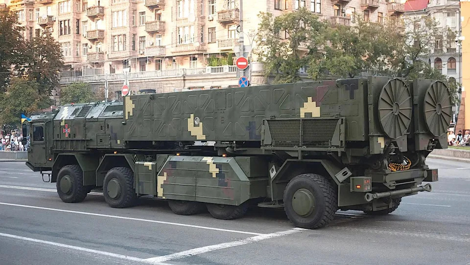 A transporter-erector-launcher for the Hrim-2 in Ukrainian Armed Forces colors at a parade in 2018. <em>VoidWanderer via Wikimedia</em>