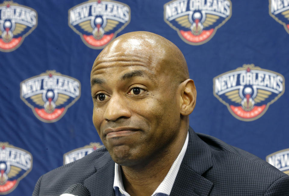 FILE - In this May 12, 2015, file photo, New Orleans Pelicans general manager Dell Demps speaks during an NBA basketball news conference at the team's practice facility in Metairie, La. A person familiar with the situation says the Pelicans have fired general manager Dell Demps. The person spoke to The Associated Press on condition of anonymity on Friday, Feb. 15, 2019, because the club has not announced it. Demps did not immediately return voice and text messages left with him Friday morning. (AP Photo/Gerald Herbert, File)