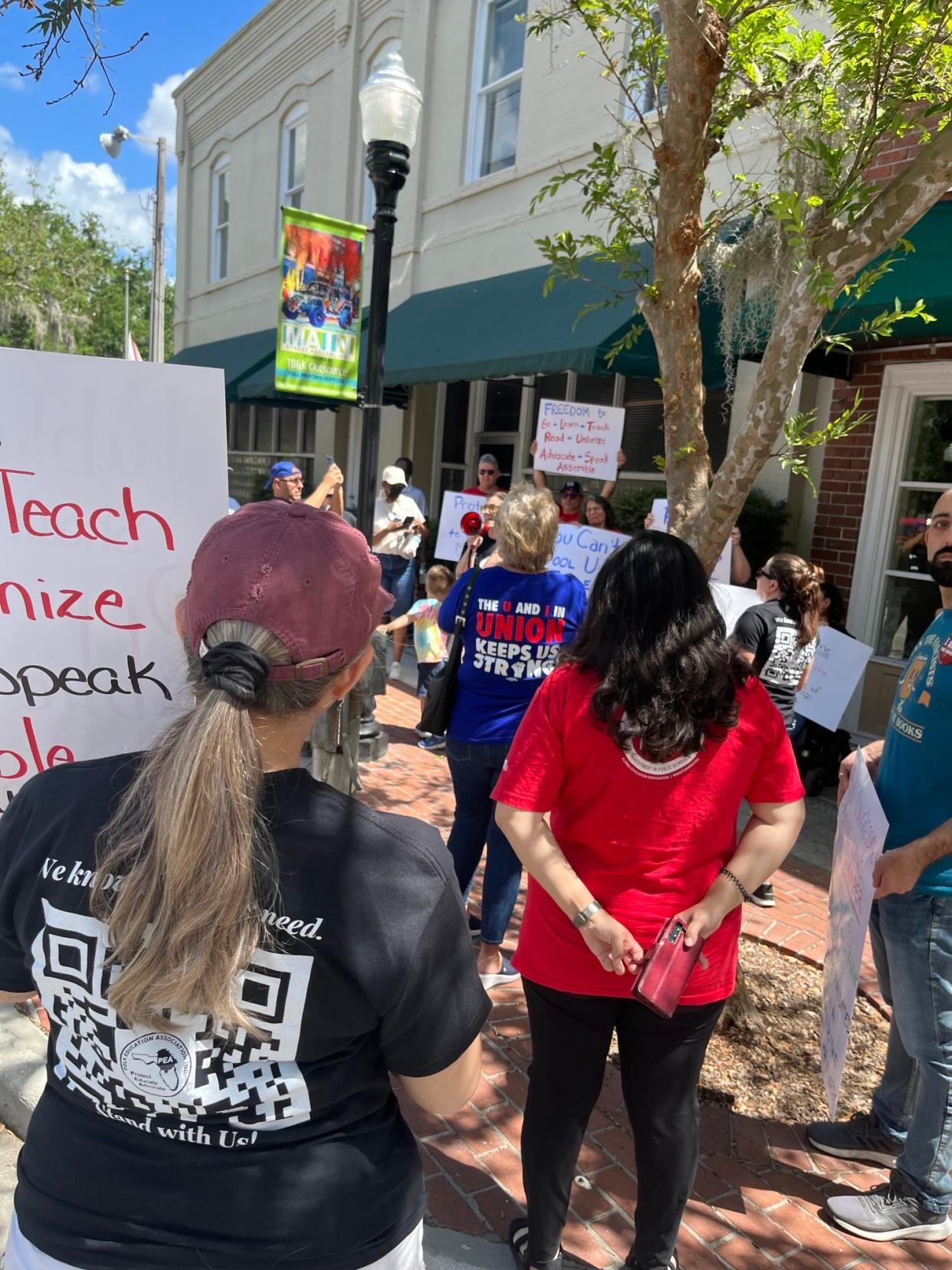 Teachers protest outside the Bartow office of Sen. Ben Albritton, R-Wauchula, on April 1.