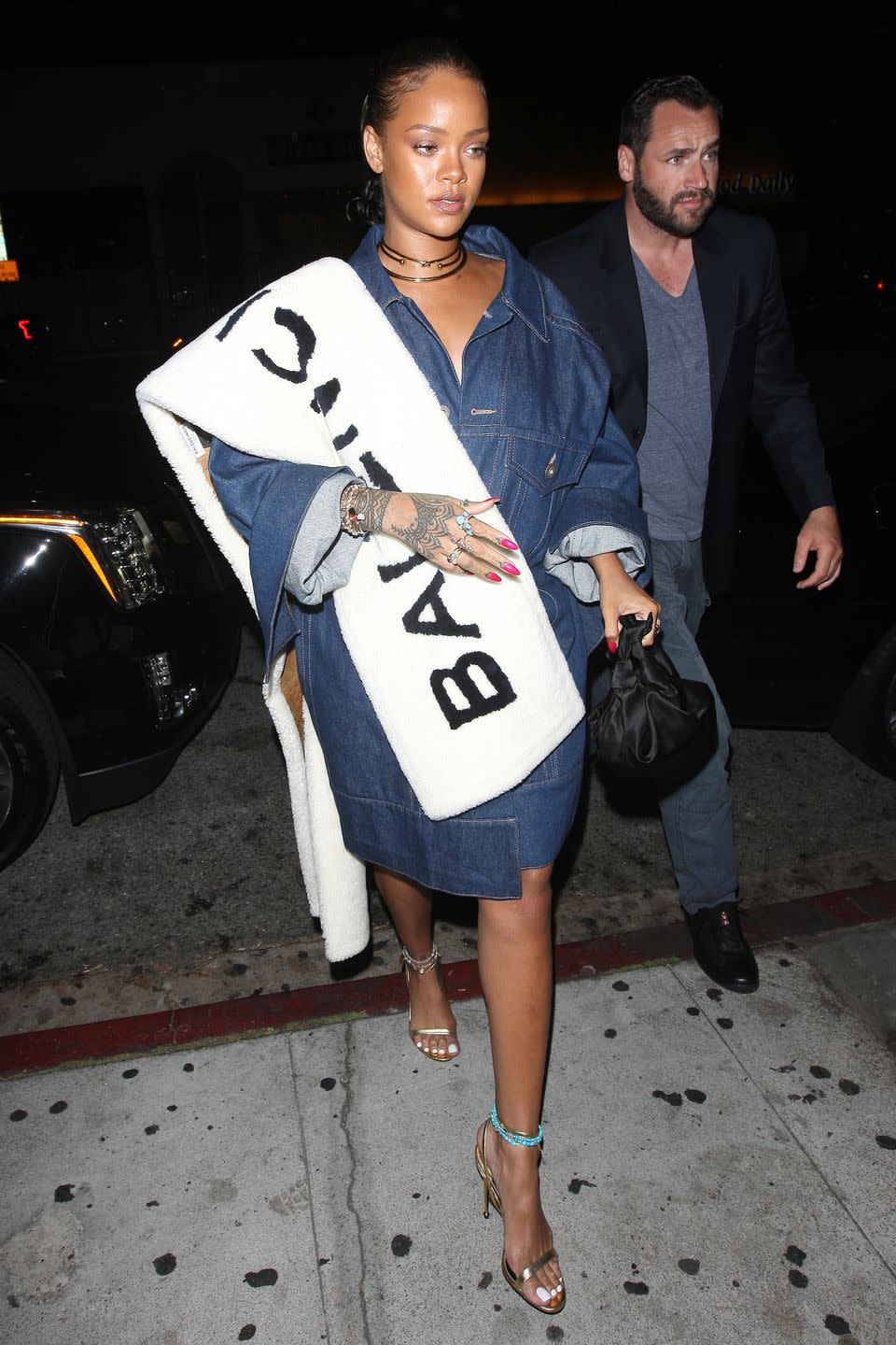 <p>In a Matthew Dolan denim coat and Balenciaga fur stole after a night of partying at The Nice Guy in L.A. </p>