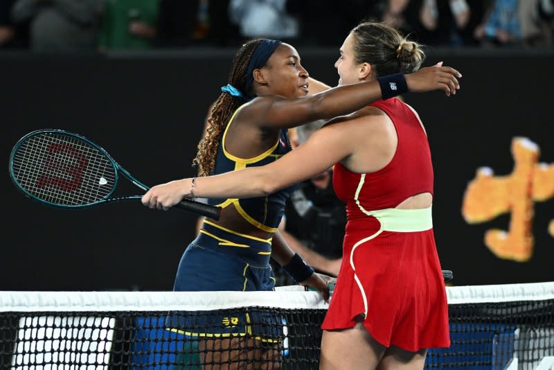 American Coco Gauff (L) congratulates Aryna Sabalenka of Belarus on her women's singles semifinal win at the 2024 Australian Open on Thursday in Melbourne. Photo by Joel Carrett/EPA-EFE