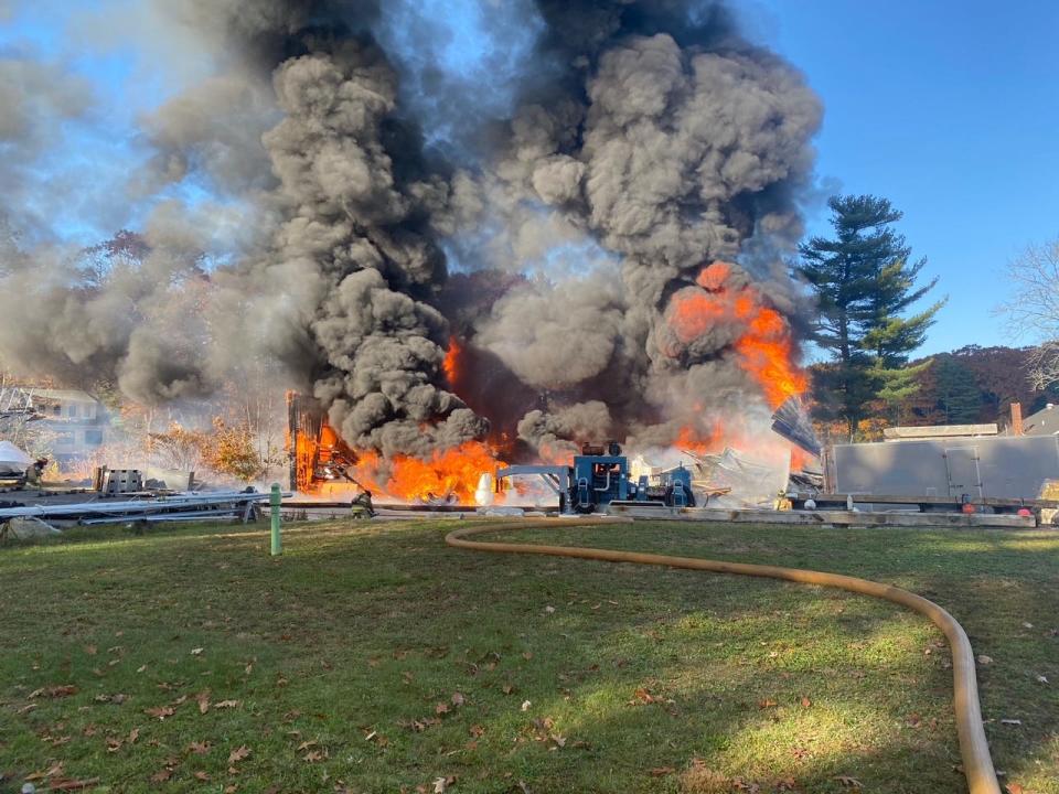 A fire destroyed a shed and at least one boat inside at 185 Wentworth Road in Portsmouth Monday, Nov. 8, 2021.